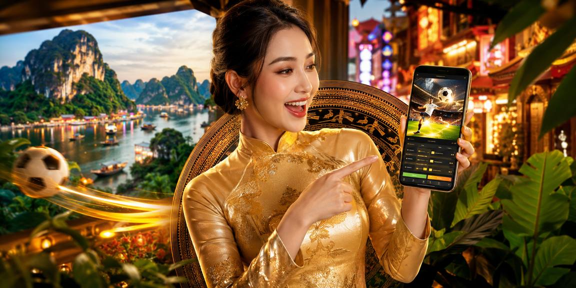 Phụ nữ mặc áo dài đặt cược bóng đá với cảnh Vịnh Hạ Long